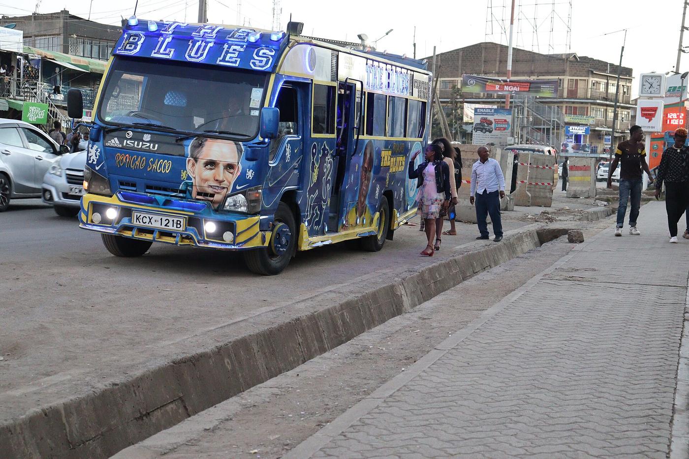A colourfully decorated matatu bus on a Nairobi street